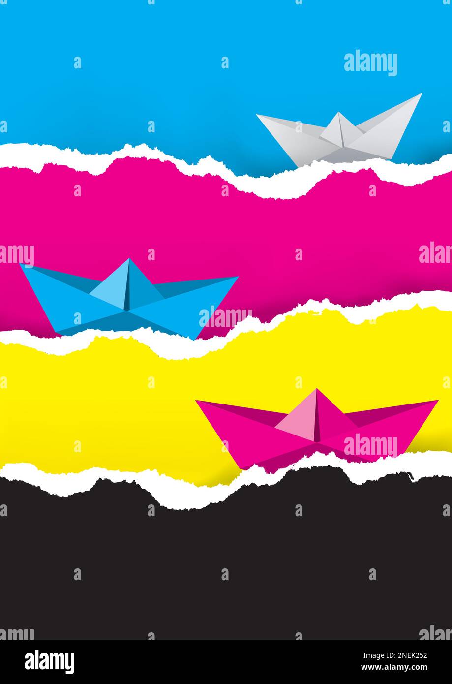 Paper boats on the waves of torn paper, cmyk print colors, Banner