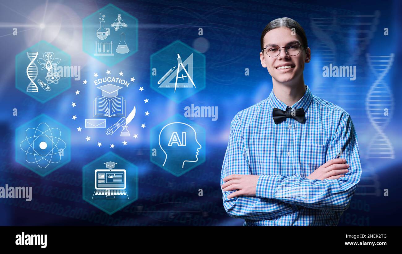 Young male student, on background with symbols of education, science