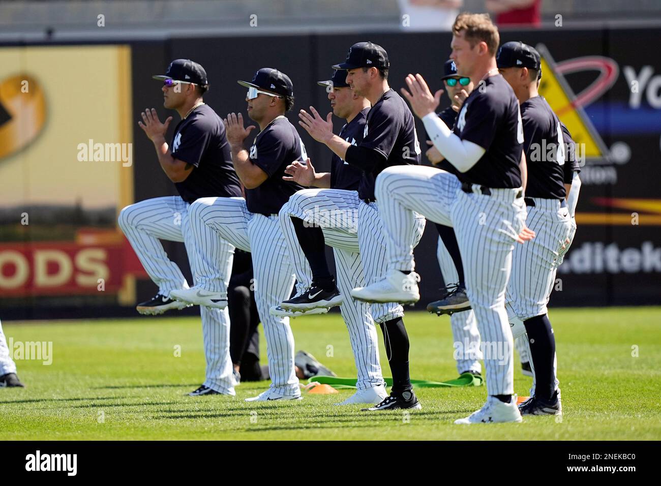 New York Yankees catchers stretch during a spring training baseball workout Thursday, Feb. 16