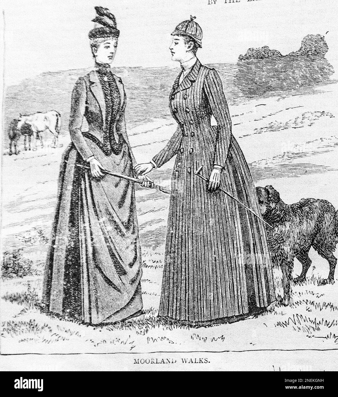 A 19th century  sketch  of two young women, entitled Moorland Walks, from the Girls Own Paper of 1887 Stock Photo
