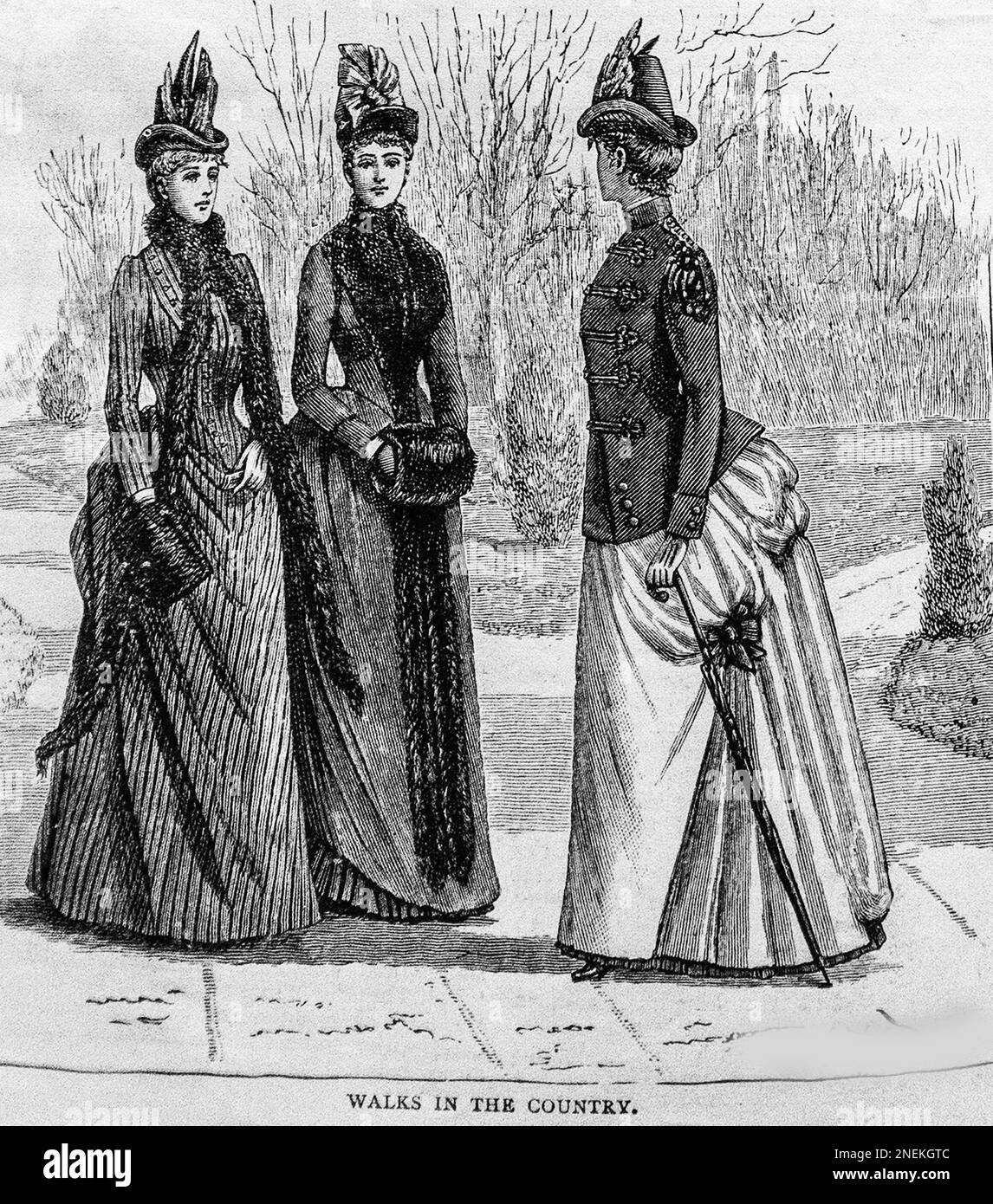 A 19th century  sketch  of three well dressed dressed young women, entitled, “Walks in the Country” from the Girls Own Paper of 1887. Stock Photo