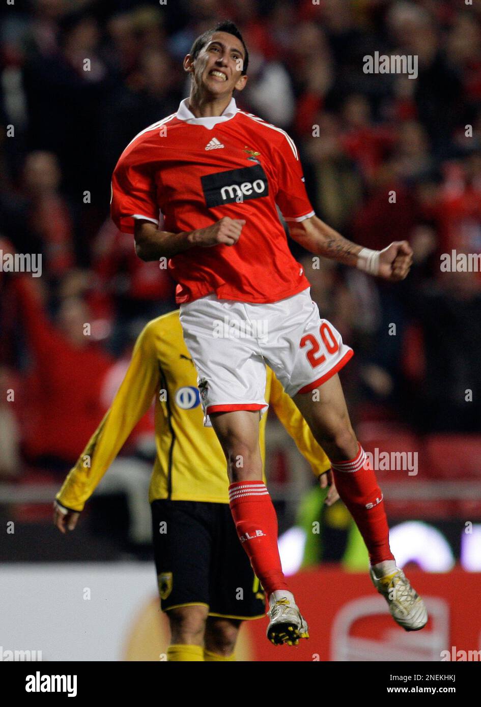 Benfica's Angel Di Maria, from Argentina, reacts after scoring the opening  goal against AEK Athens during their Europa League group I soccer match, at  Benfica's Luz stadium in Lisbon, Thursday, Dec. 17,