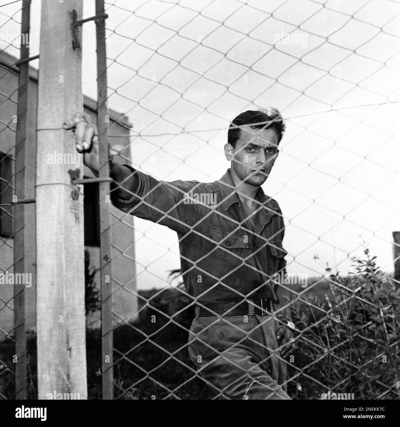 Horst ?Adolfo? Eichmann, son of the Notorious Nazi Colonel condemned by an Israeli court to hang, poses behind the wire fence surrounding the isolated Eichmann home, Dec. 19, 1961 at Bancalari, San Fernando, on the outskirts of Argentina?s Buenos Aires, the house, from which Adolf Eichmann was taken to Israel, is occupied by three other Eichmann boys and is constantly guarded by police dogs. (AP Photo) Stock Photo