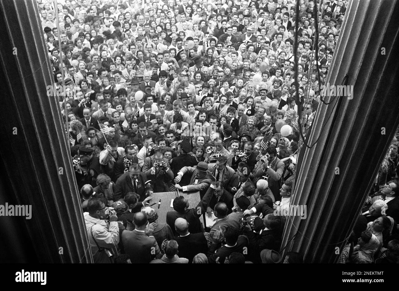 Framed between two columns of Nassau County Courthouse in Mineola, New