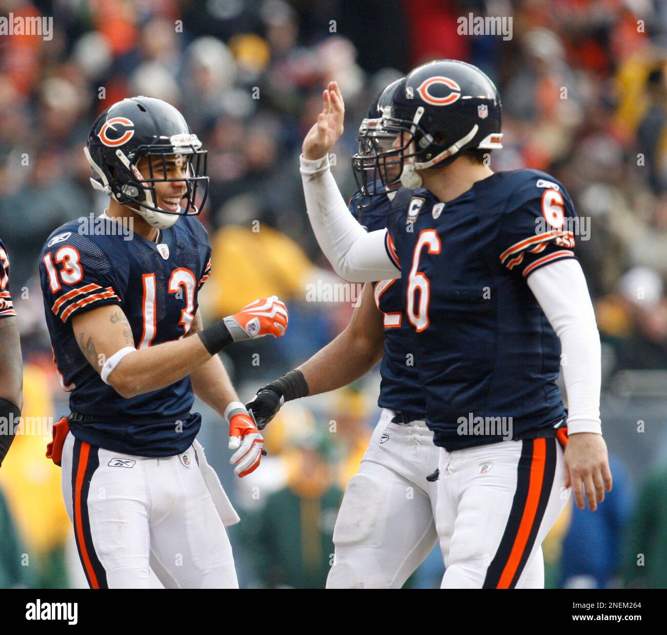Chicago Bears quarterback Jay Cutler (6) celebrates a reception with