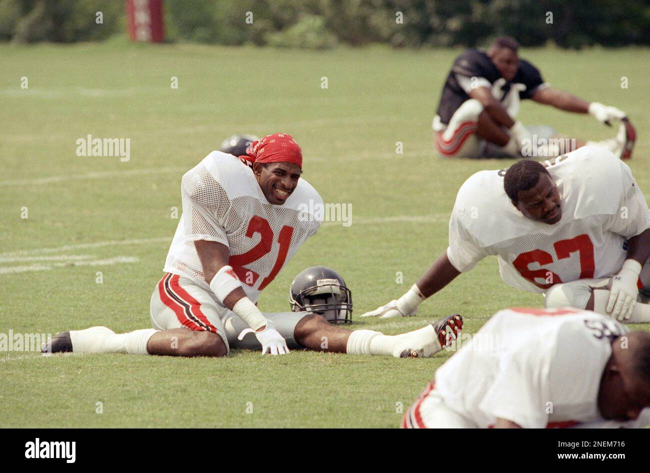 Atlanta Falcons defensive back Deion Sanders, 21, jokes with