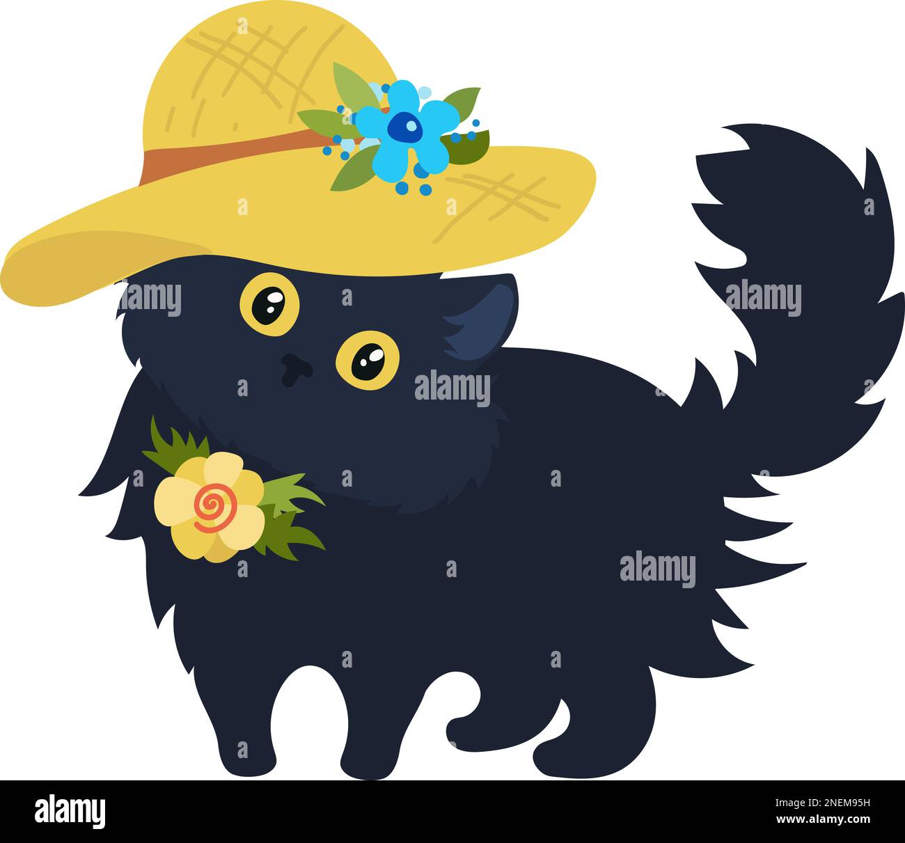 black cat in yellow summer hat with flowers, cartoon style Vector Stock Vector