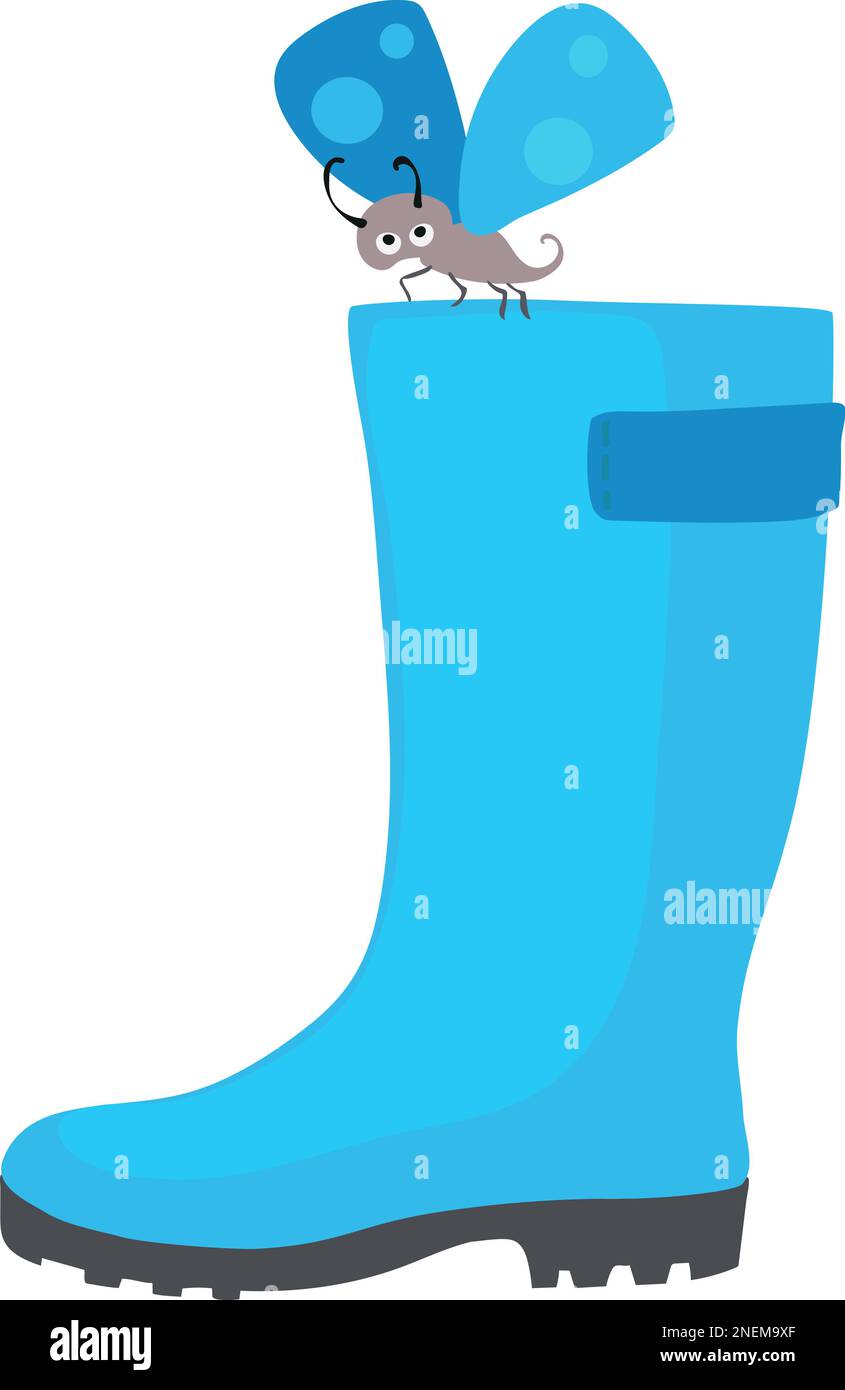 blue rubber boot on which a blue butterfly sits, cartoon style