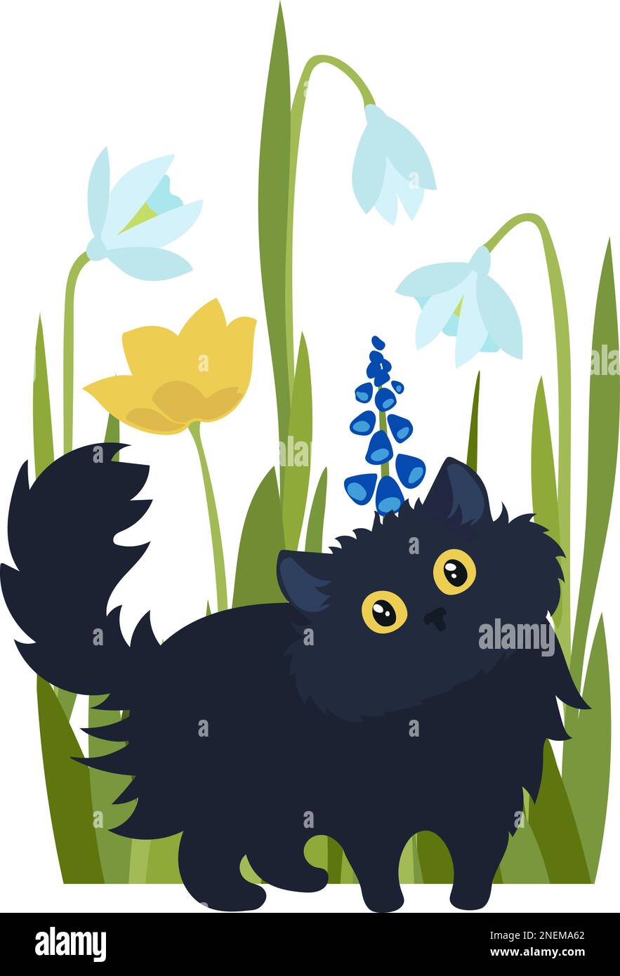 black cat on a background of spring flowers Stock Vector