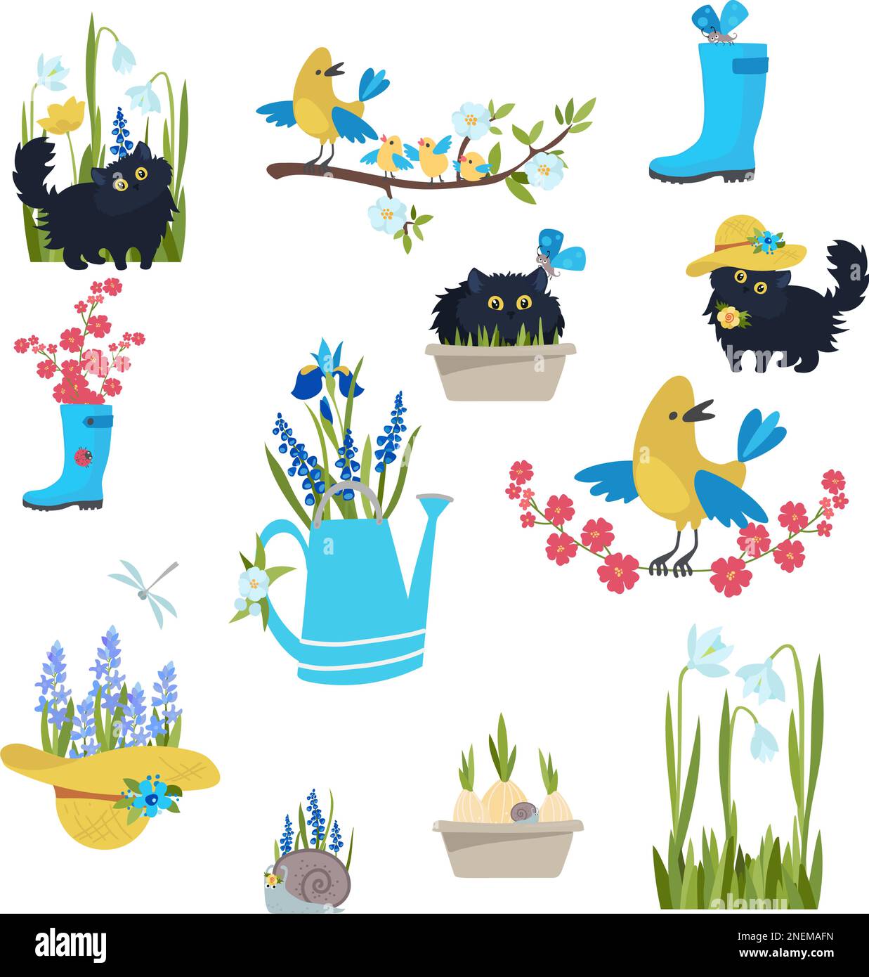 set of compositions gardening, spring planting, spring flowers, cat in the garden. Stock Vector