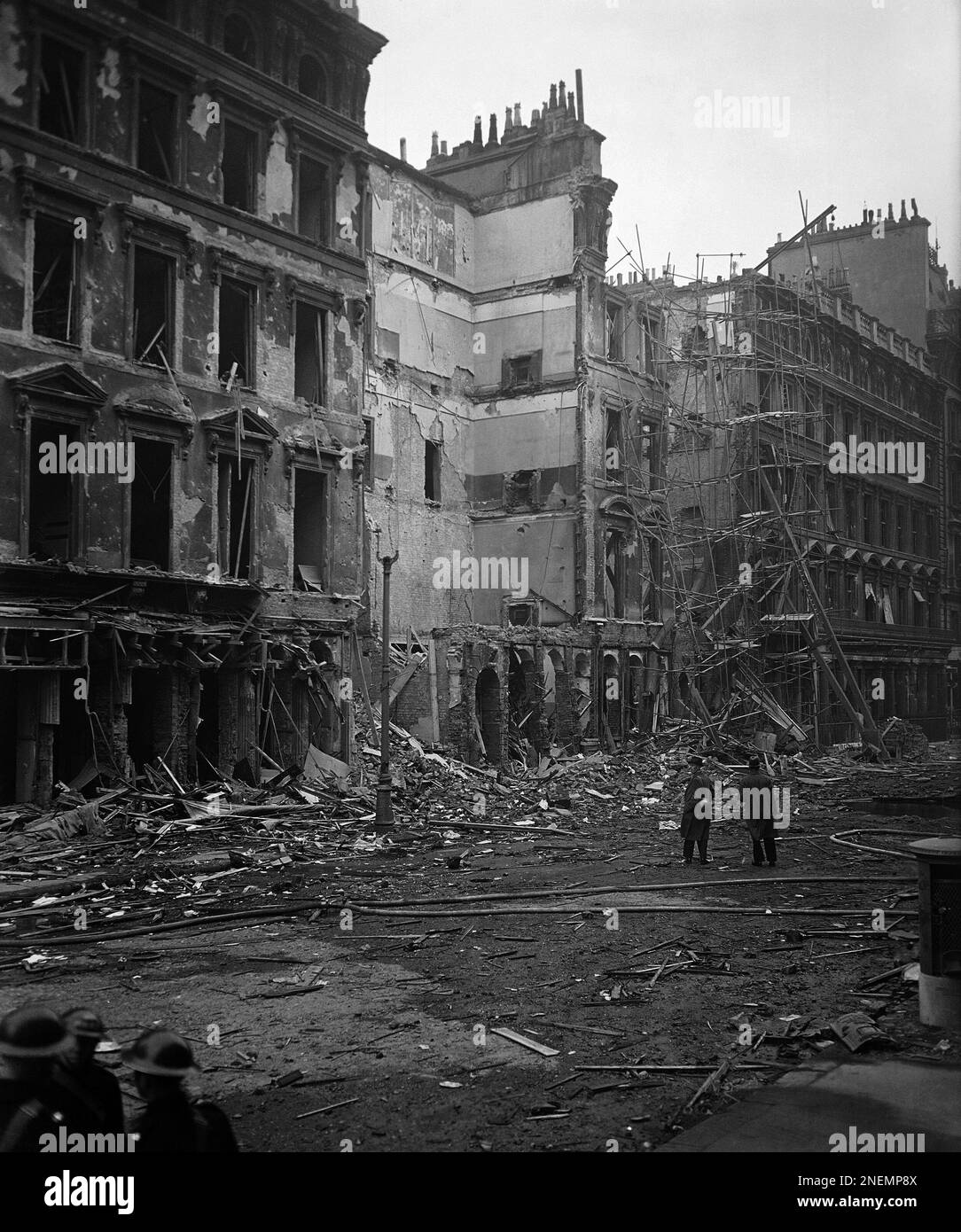 The damage done when a bomb fell on an office building in Victoria