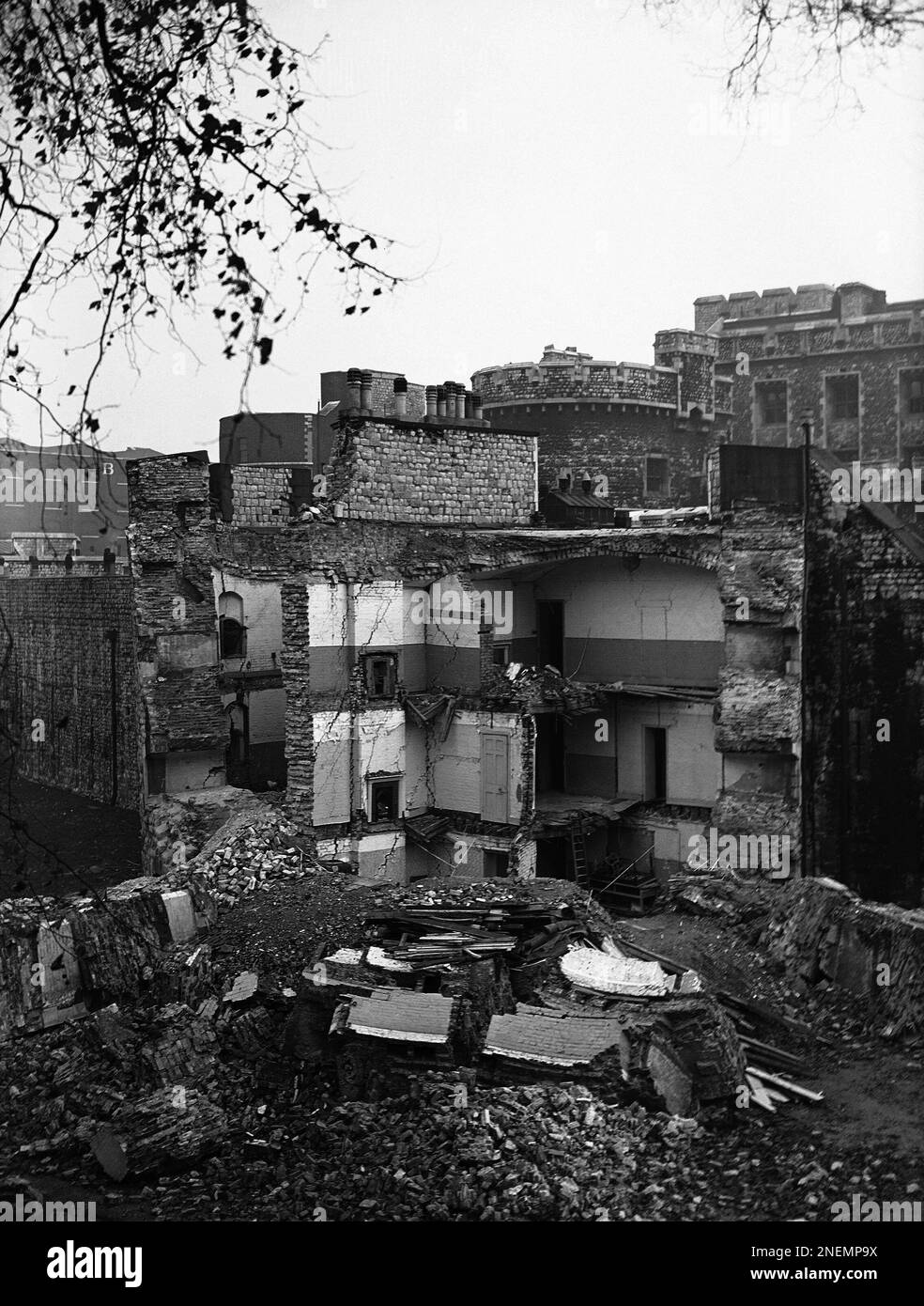 The damage done to the Tower of London by bombs in a Nazi air raid, on ...