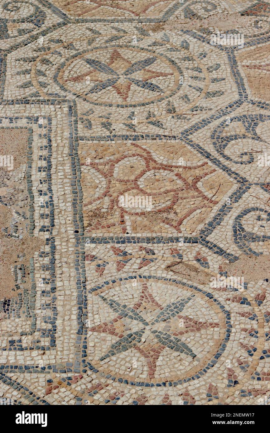 Detail of a Roman mosiac floor unearthed by archaeologists and students from the University of Padova, at the Ancient City of Nora, Sardinia. Stock Photo