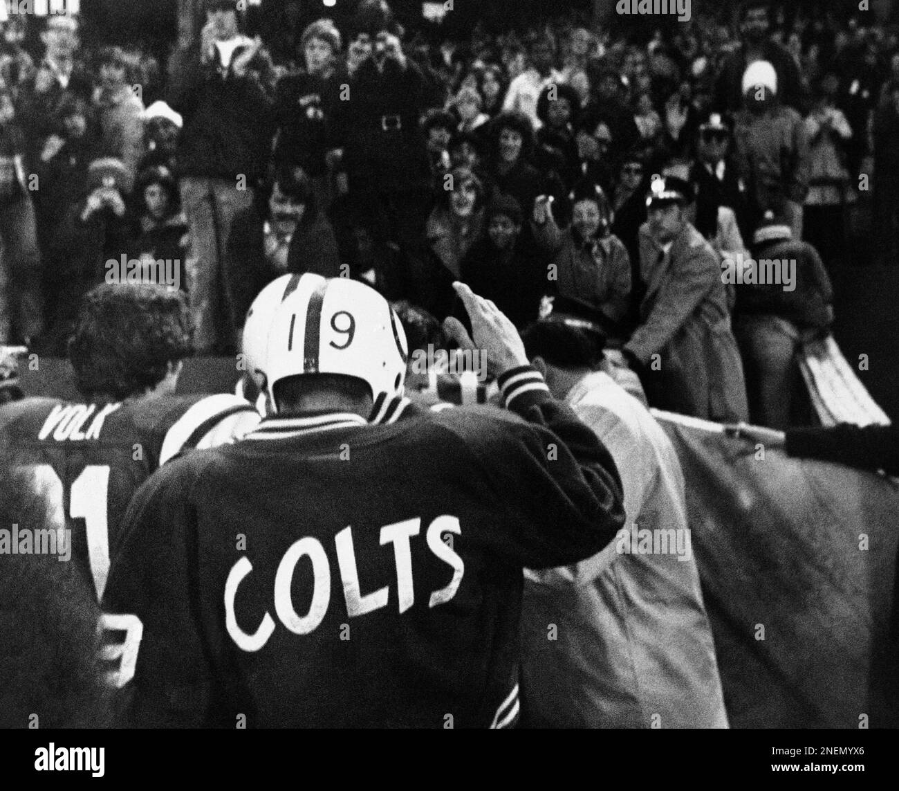 After coming off the bench and tossing a 63 yard TD pass to climax a 35-7  victory over the Buffalo Bills, John Unitas, bids screaming fans a modest  goodbye following his last