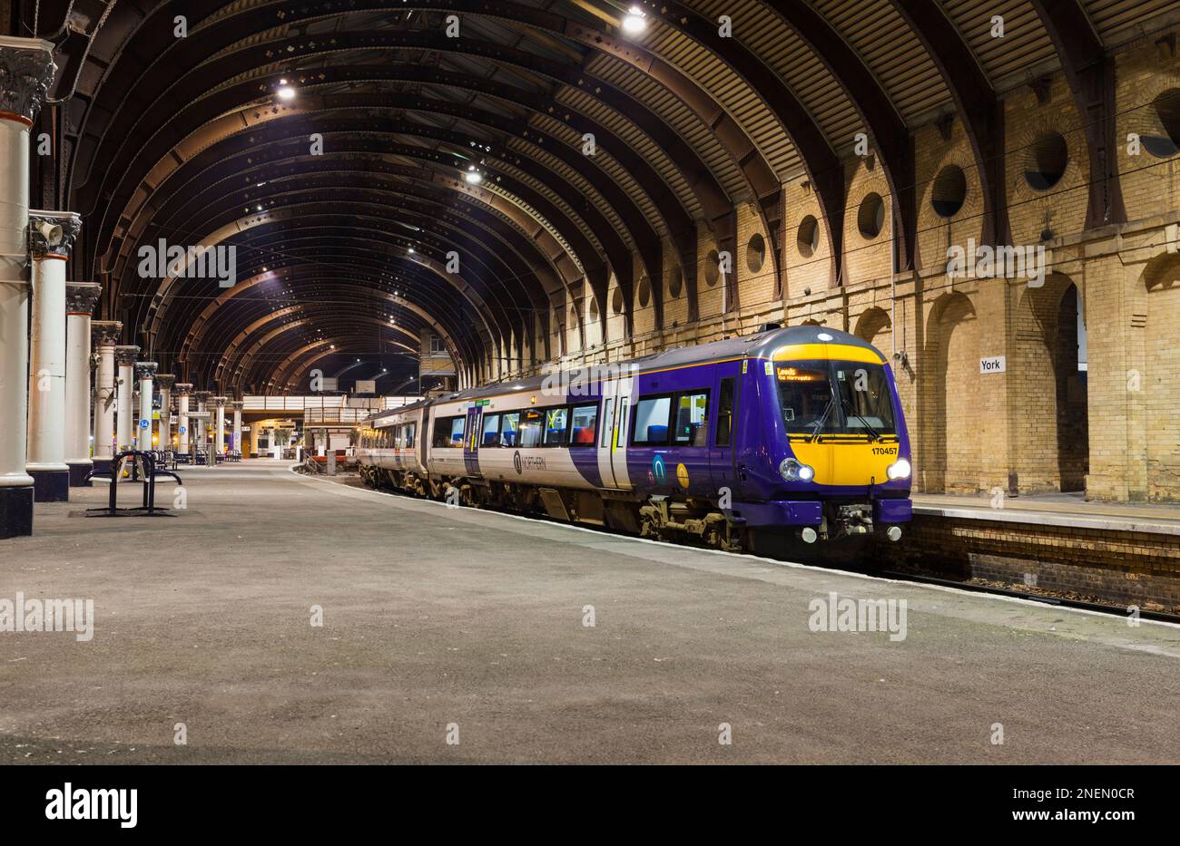 Northern Rail class 170 Turbostar train under the trainshed roof at York railway station on the east coast mainline Stock Photo