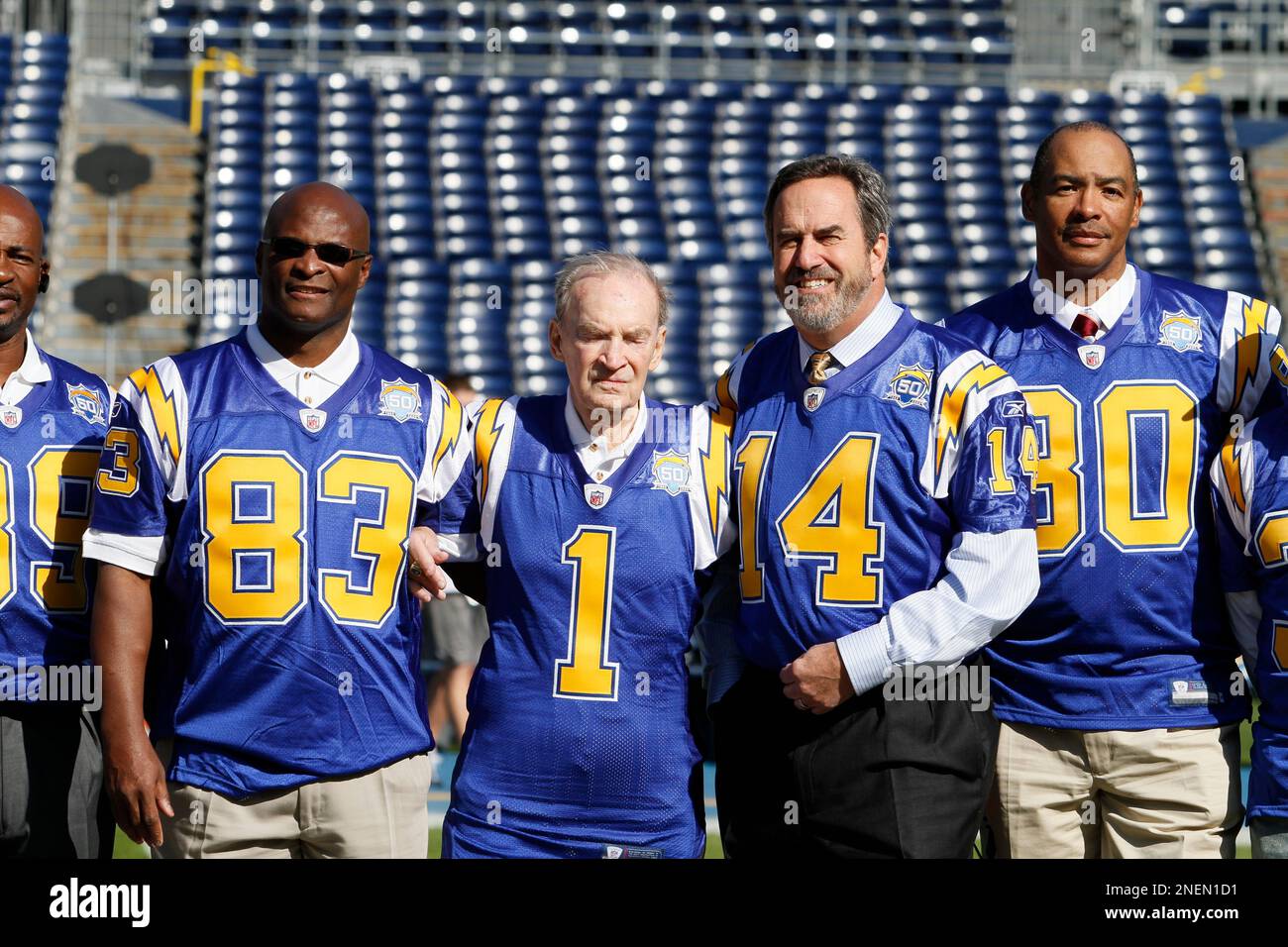 Members of the San Diego Chargers 50th anniversary team, l to r