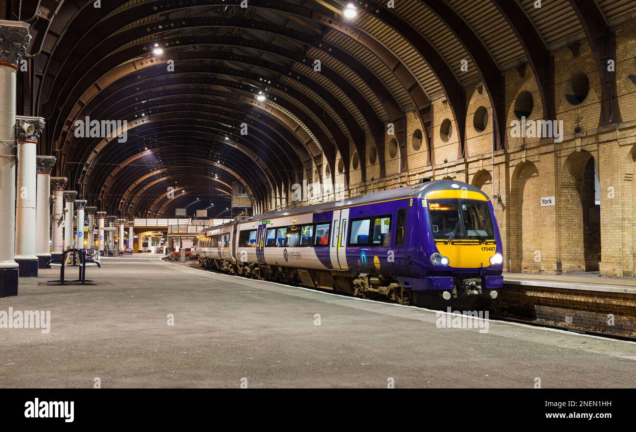 Northern Rail class 170 Turbostar train under the trainshed roof at York railway station on the east coast mainline Stock Photo