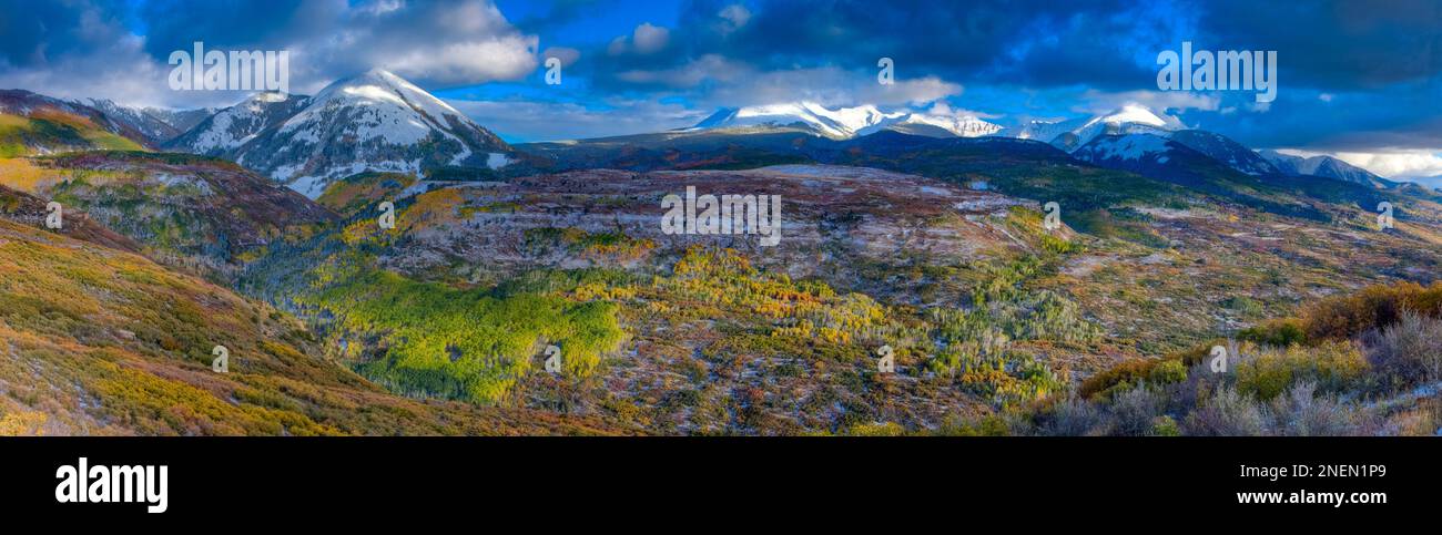 Early snow with aspen trees in fall color in the La Sal Mountains, Manti-La Sal National Forest, near Moab, Utah. Stock Photo