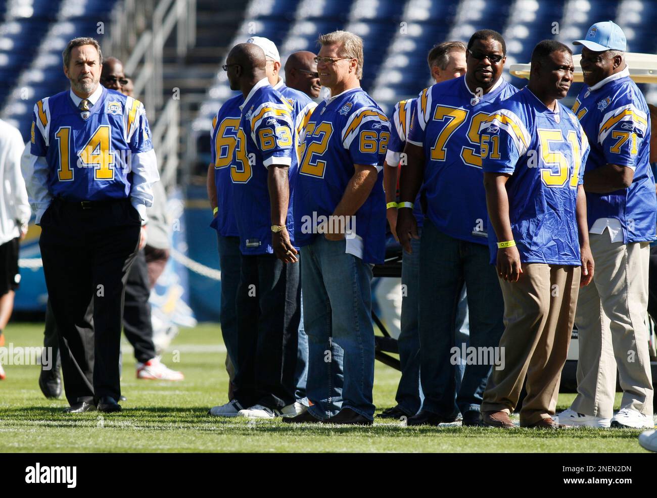 Members of the San Diego Chargers' 50th anniversary team watch
