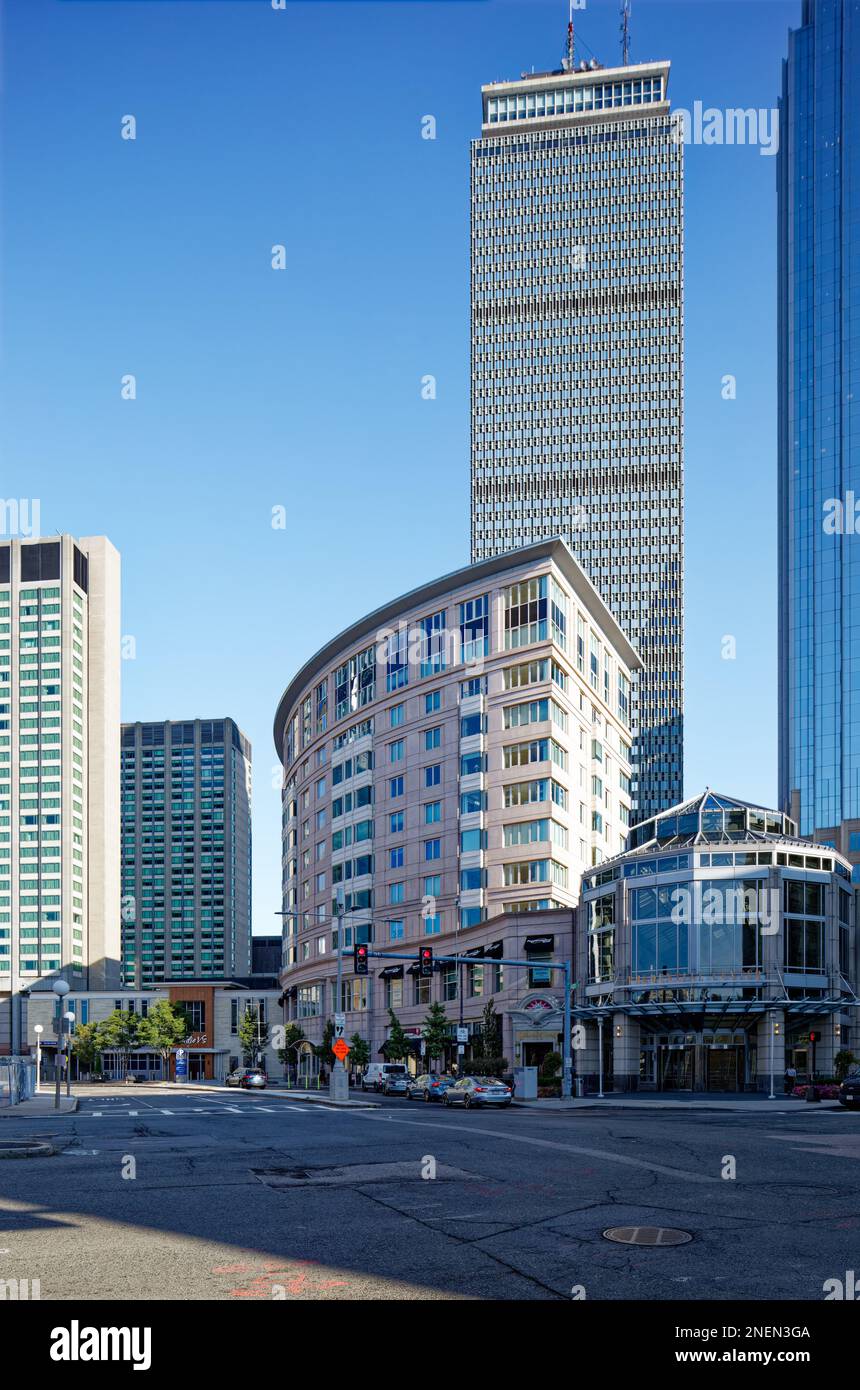 Sheraton Boston Hotel’s two wings at left (west) of Prudential Center’s Belvidere Residences, Prudential Tower, and 111 Huntington in Boston Back Bay. Stock Photo