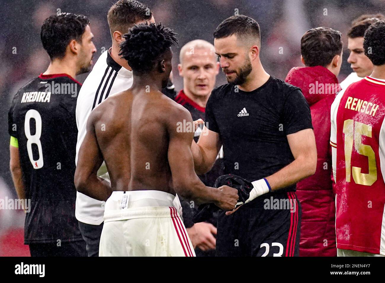 AMSTERDAM, NETHERLANDS - FEBRUARY 16: Mohammed Kudus of Ajax, Niko Giesselmann of FC Union Berlin  after match end during the Europa League Play-off, 1st leg match between Ajax and FC Union Berlin at Johan Cruijff ArenA on February 16, 2023 in Amsterdam, Netherlands (Photo by Joris Verwijst/Orange Pictures) Stock Photo