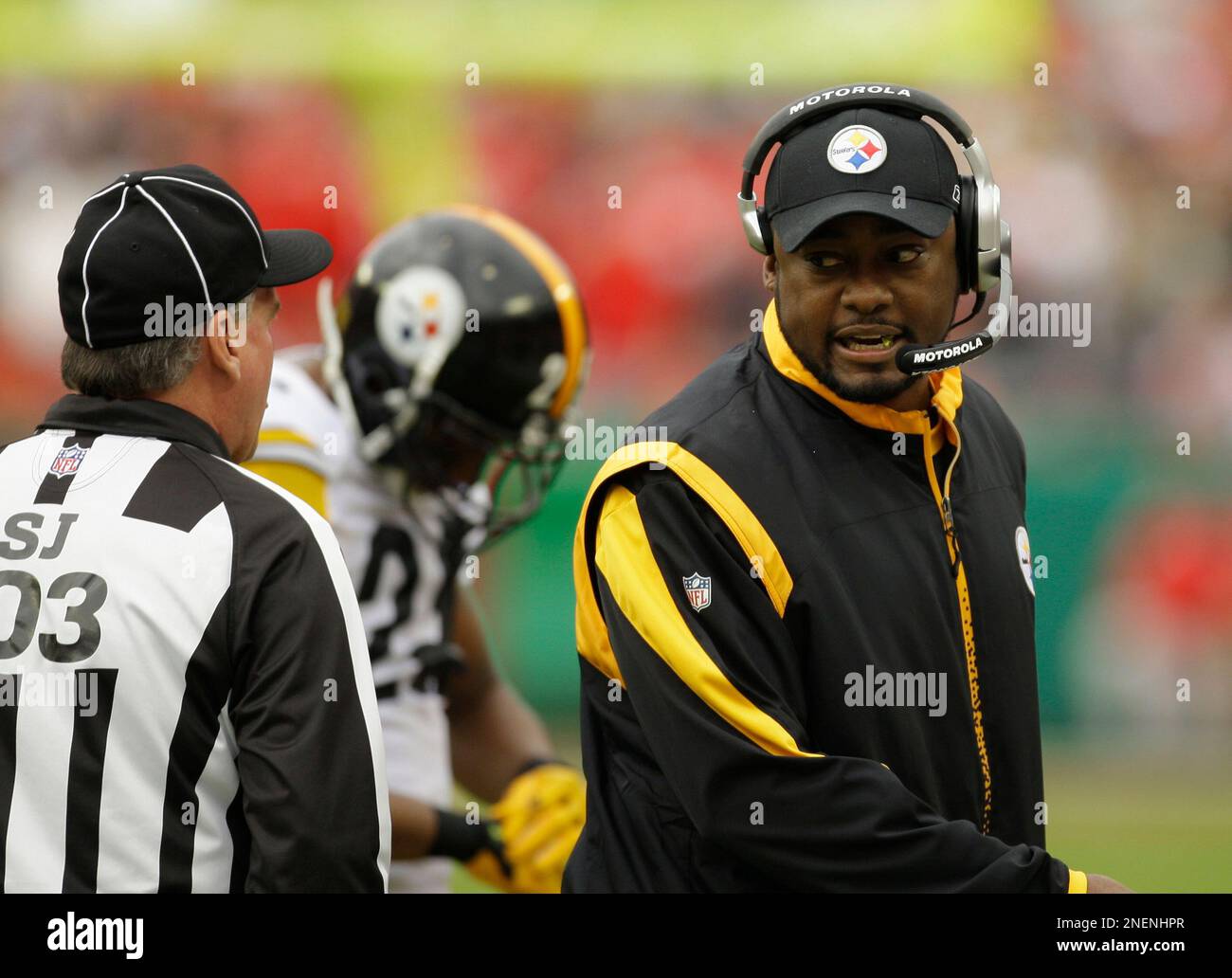 Pittsburgh Steelers coach Mike Tomlin talks with NFL side judge Jeff