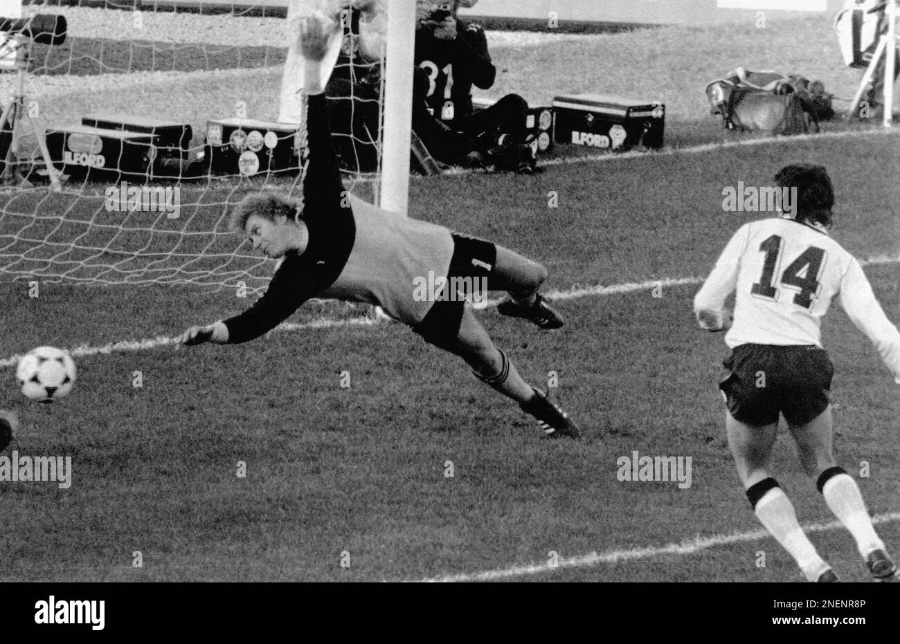 West Germany's Dieter Mueller scores the second goal for his team with ...