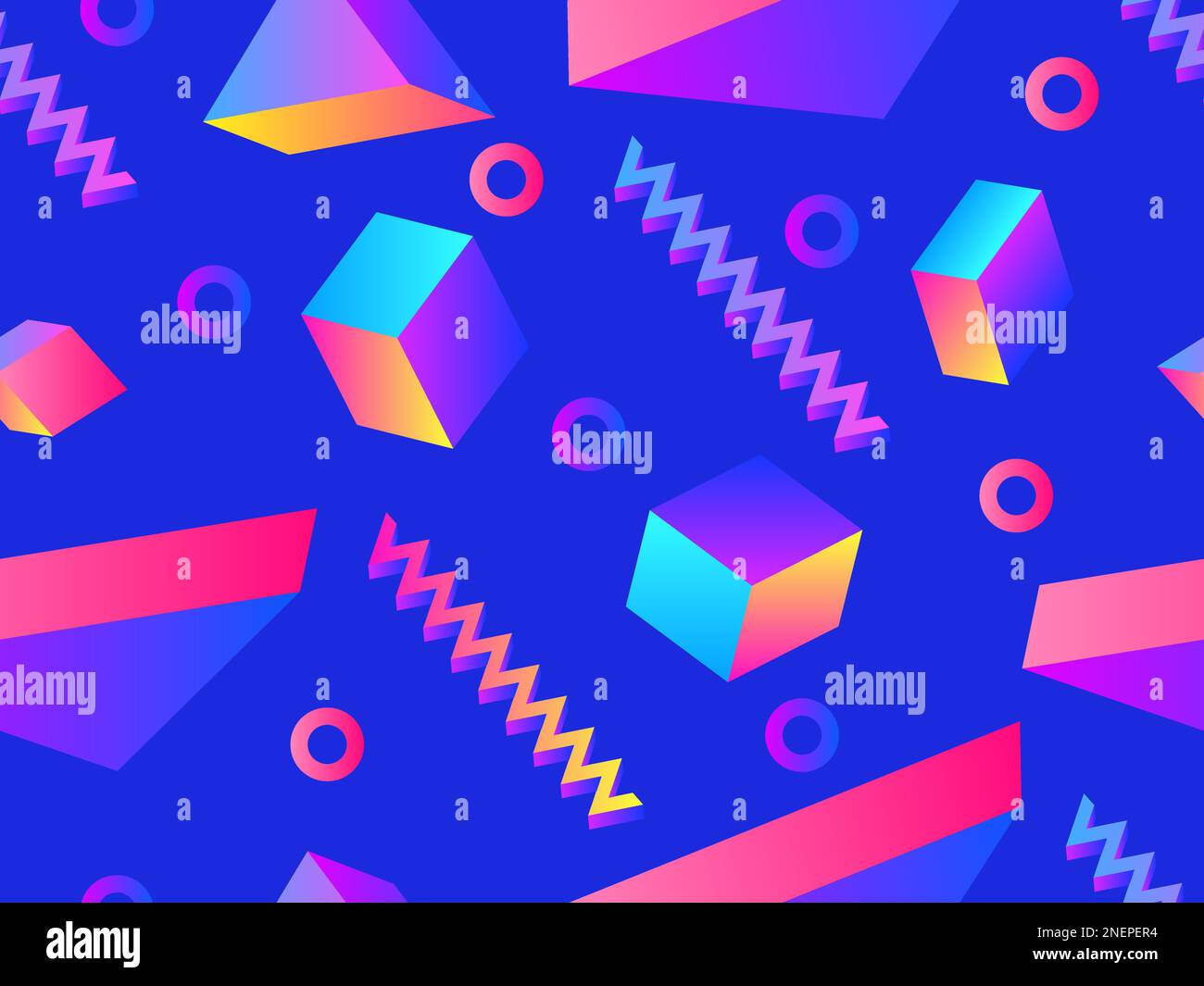 Geometric seamless pattern with 3D figures in the Memphis style of the 80s. Isometric 3D geometric shapes with gradient colors. Design for printing on Stock Vector