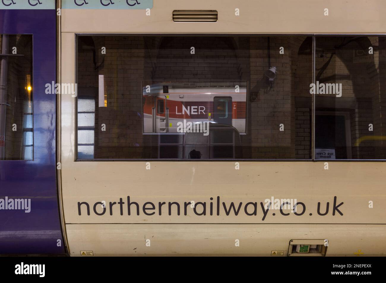 Northern and LNER trains at York station during a RMT strike, both operators have been nationalised by the government Stock Photo