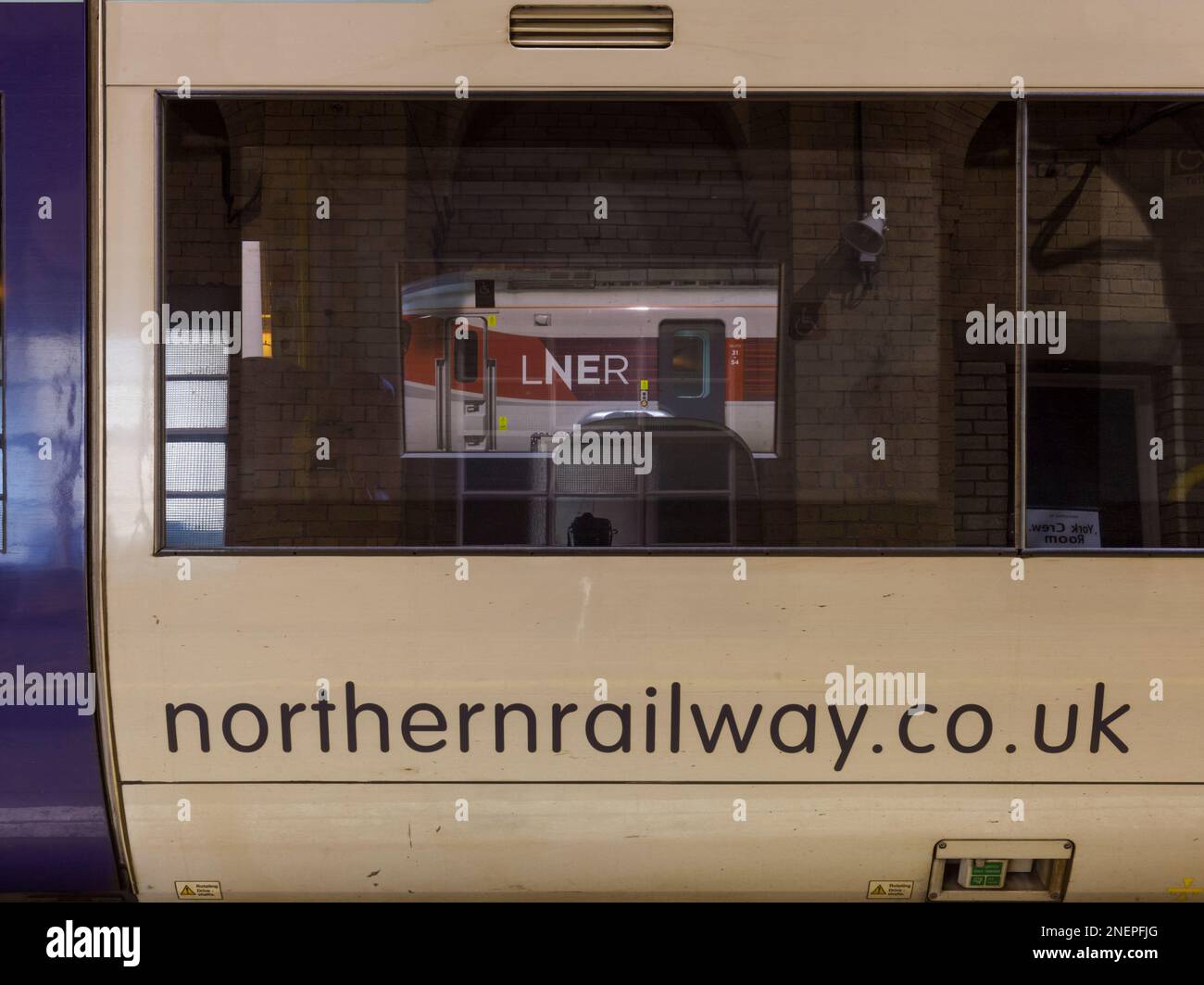 Northern and LNER trains at York station during a RMT strike, both operators have been nationalised by the government Stock Photo