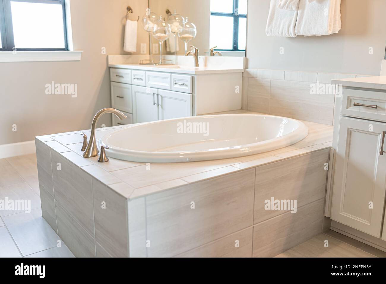 Bathroom interior in new modern luxury apartment home with new big tub ...