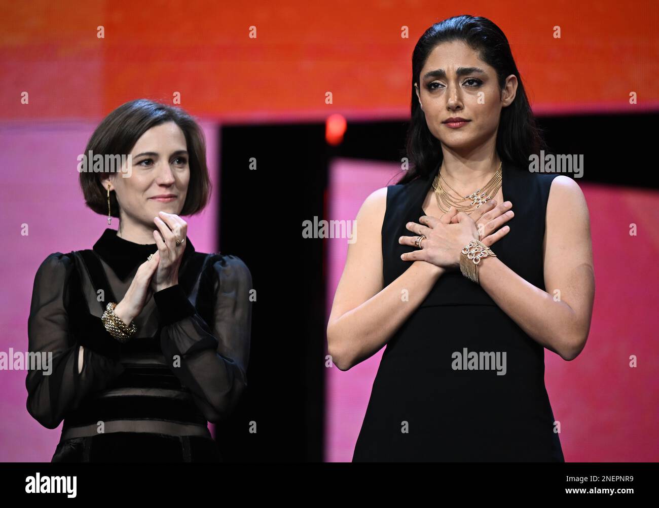 Berlin, Germany. 16th Feb, 2023. Iranian actress Golshifteh Farahani (r