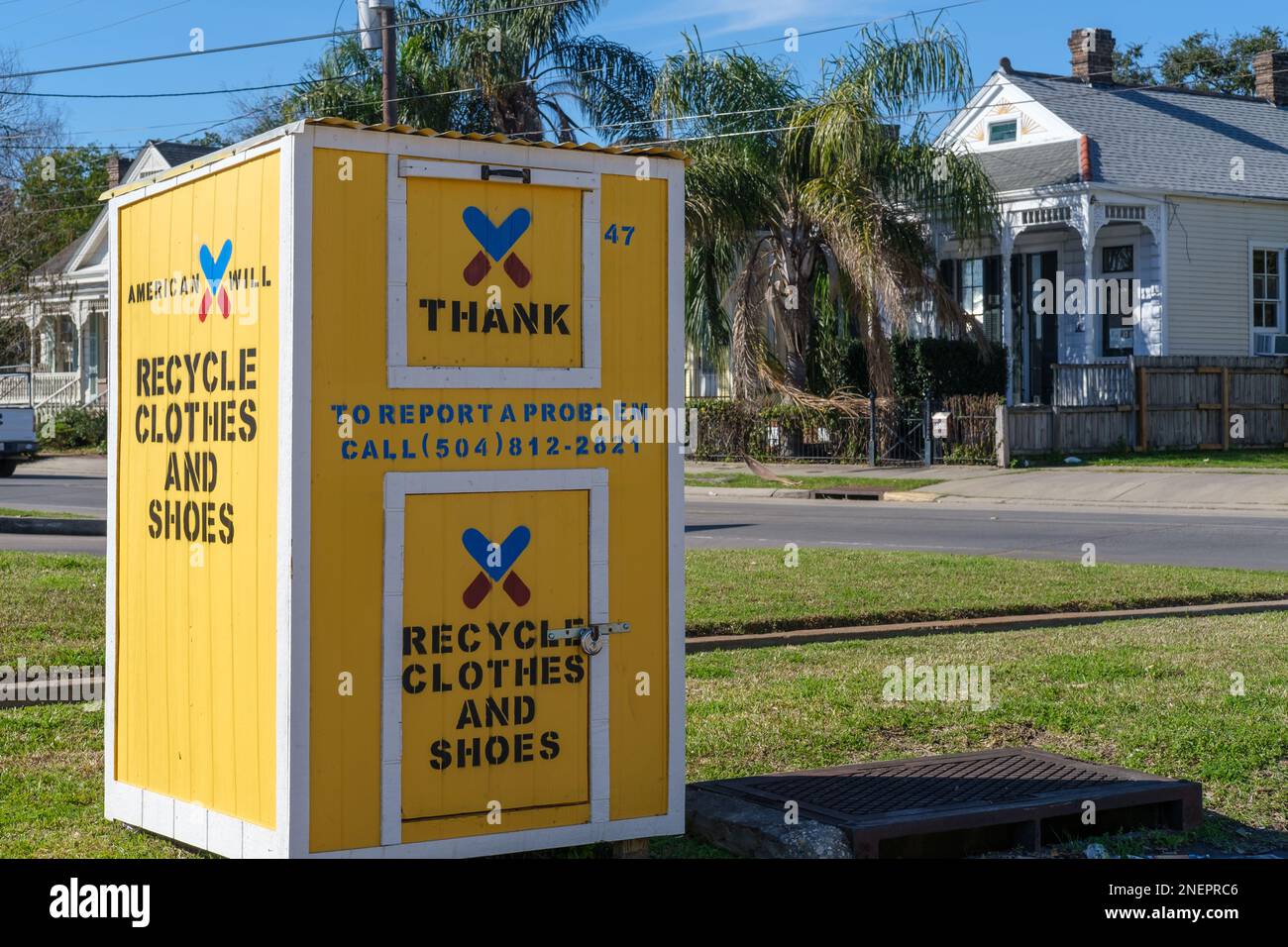 NEW ORLEANS, LA, USA - FEBRUARY 13, 2023: American Will clothing and shoe recycling bin on Tchoupitoulas Street Stock Photo