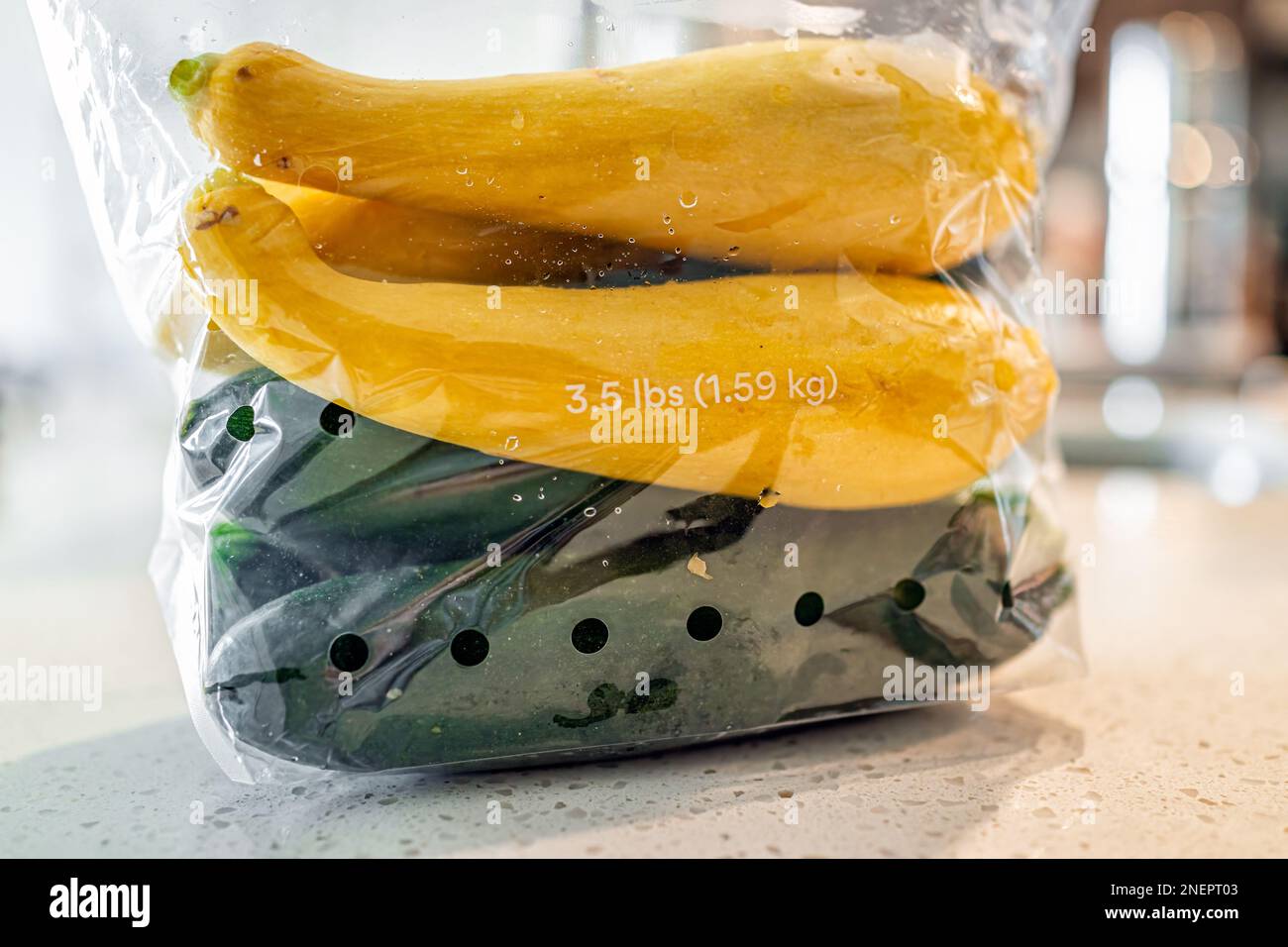 Closeup of bag package of green and yellow zucchini large organic mixed squash vegetables in bulk with three and a half pounds on table Stock Photo