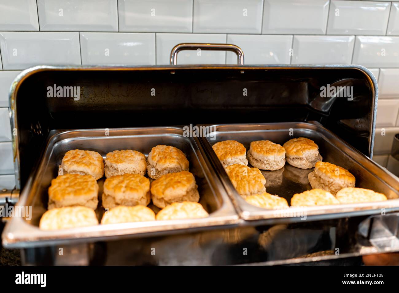 Fresh buffet tray with hot food in hotel morning continental free