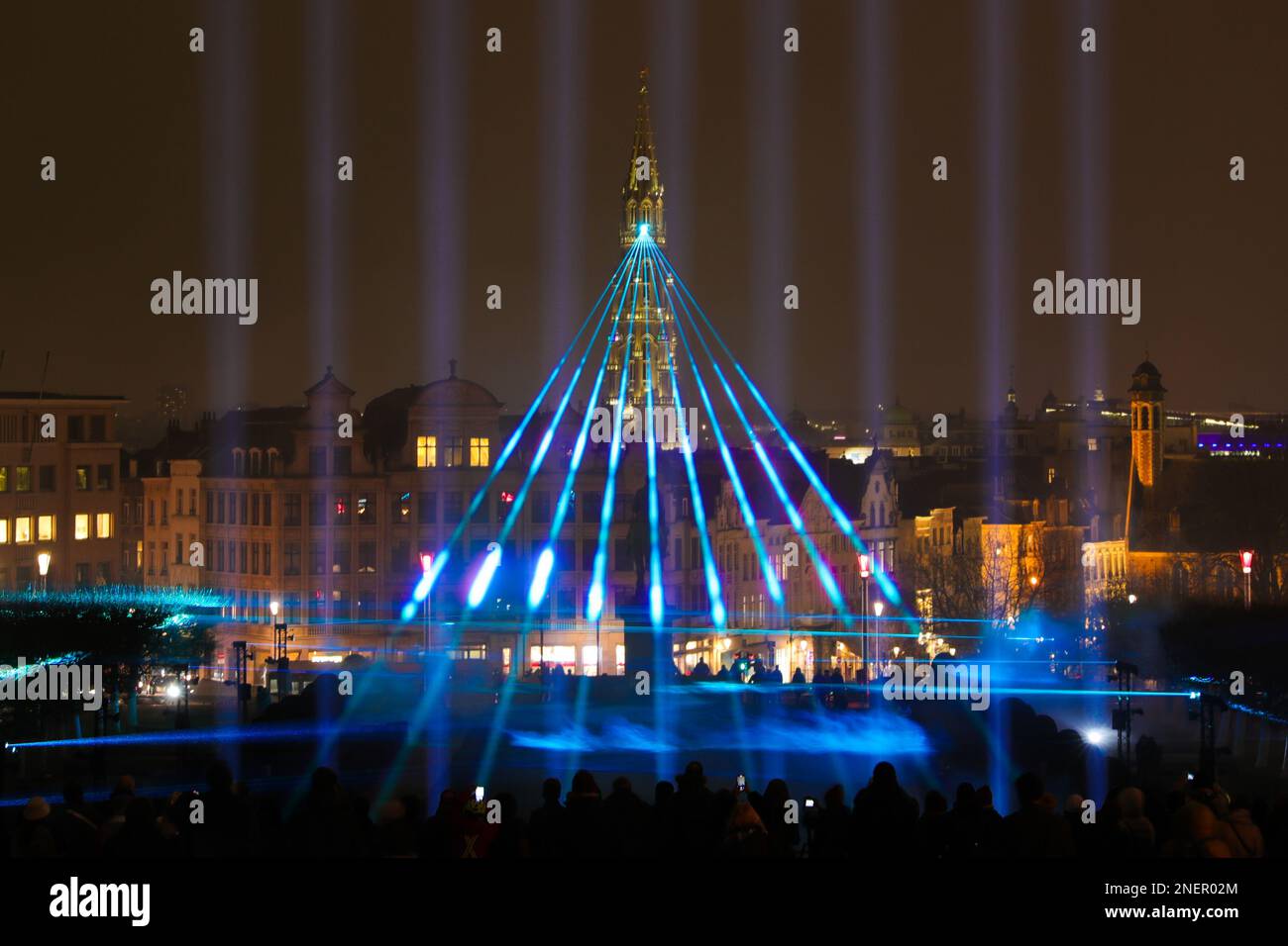 Brussels, Belgium. 16th Feb, 2023. People watch a light show during the  Bright Festival, the Brussels Festival of Light, in Brussels, Belgium, Feb.  16, 2023. Some twenty artistic light installations were set