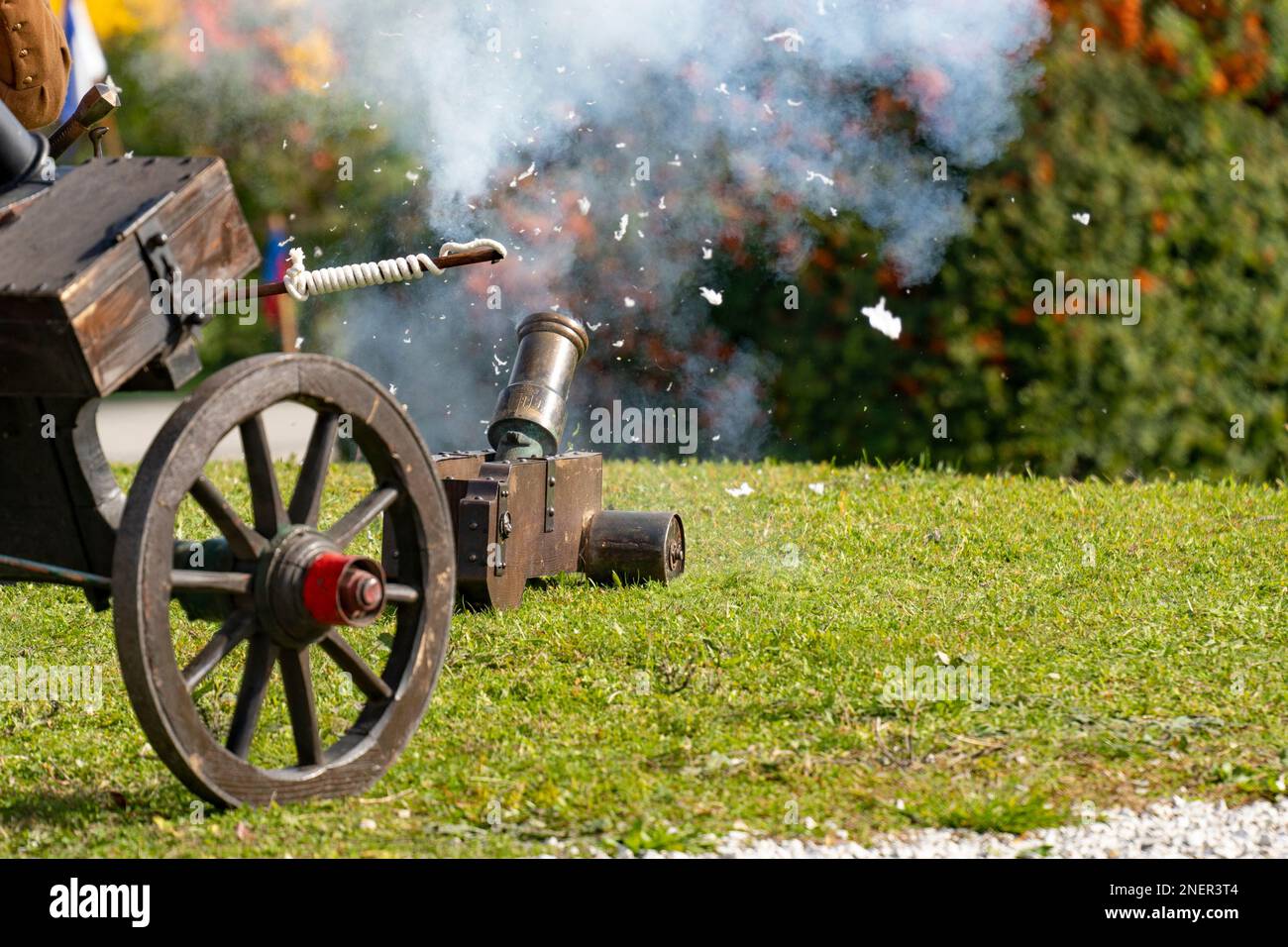 A medieval cannon while shooting Stock Photo Alamy