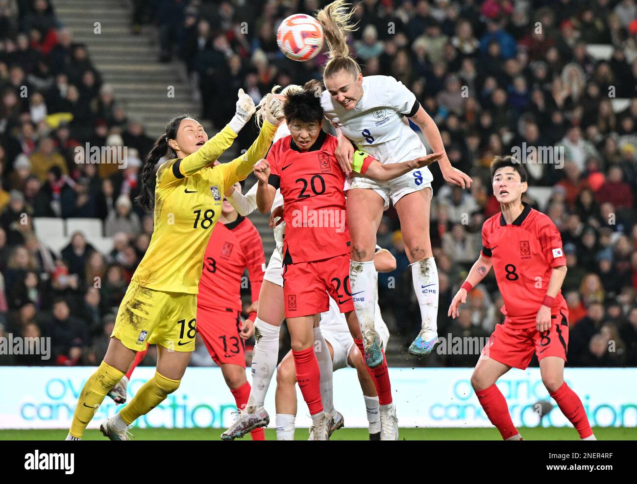 goalkeeper Kim of Korea pictured fighting for the ball with Kim of Korea (20) and Georgia Stanway of England during a friendly women soccer game between the national female soccer teams of England , called the Lionesses , and Korea Republic , their first game in the Arnold Clark Cup 2023 ,  Thursday 16 February 2023  in Milton Keynes , ENGLAND . PHOTO SPORTPIX | David Catry Stock Photo