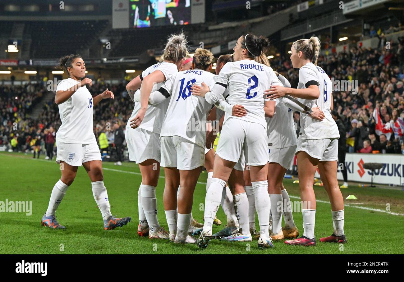 players of England pictured celebrating after scoring a goal during a