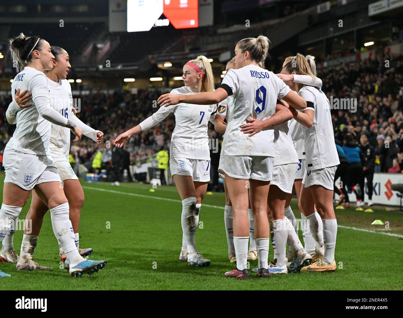 Stanway of England pictured celebrating with teammates after