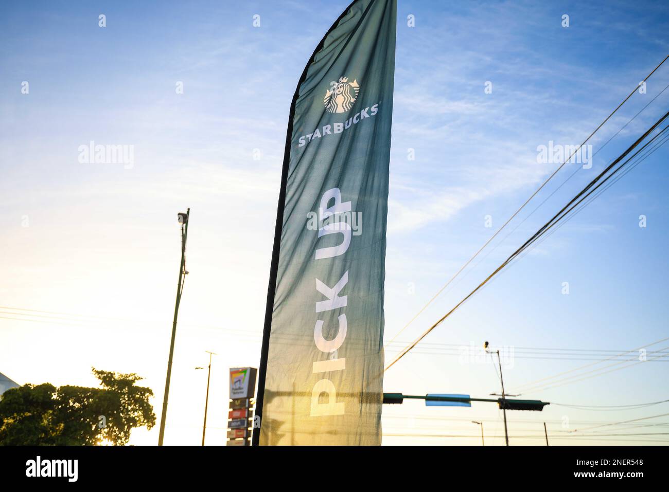 advertising banner at sunset of the StarBooks or Starbooks cafe, cafeteria  or coffee business with order and pick up service on Avenida Cultura in the Vado  del Rio Sonora area in Hermosillo