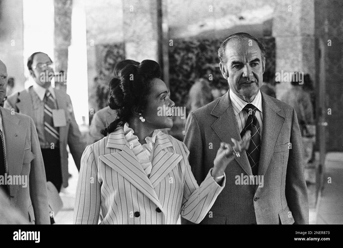 Coretta Scott King, widow of Dr. Martin Luther King, gestures as she ...