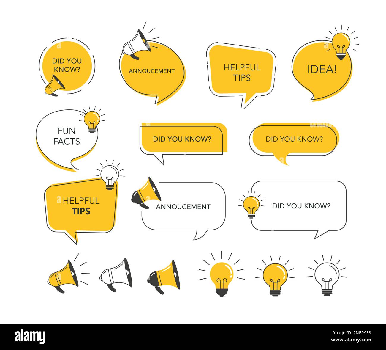 Collection of yellow and black speech bubbles, megaphones and light
