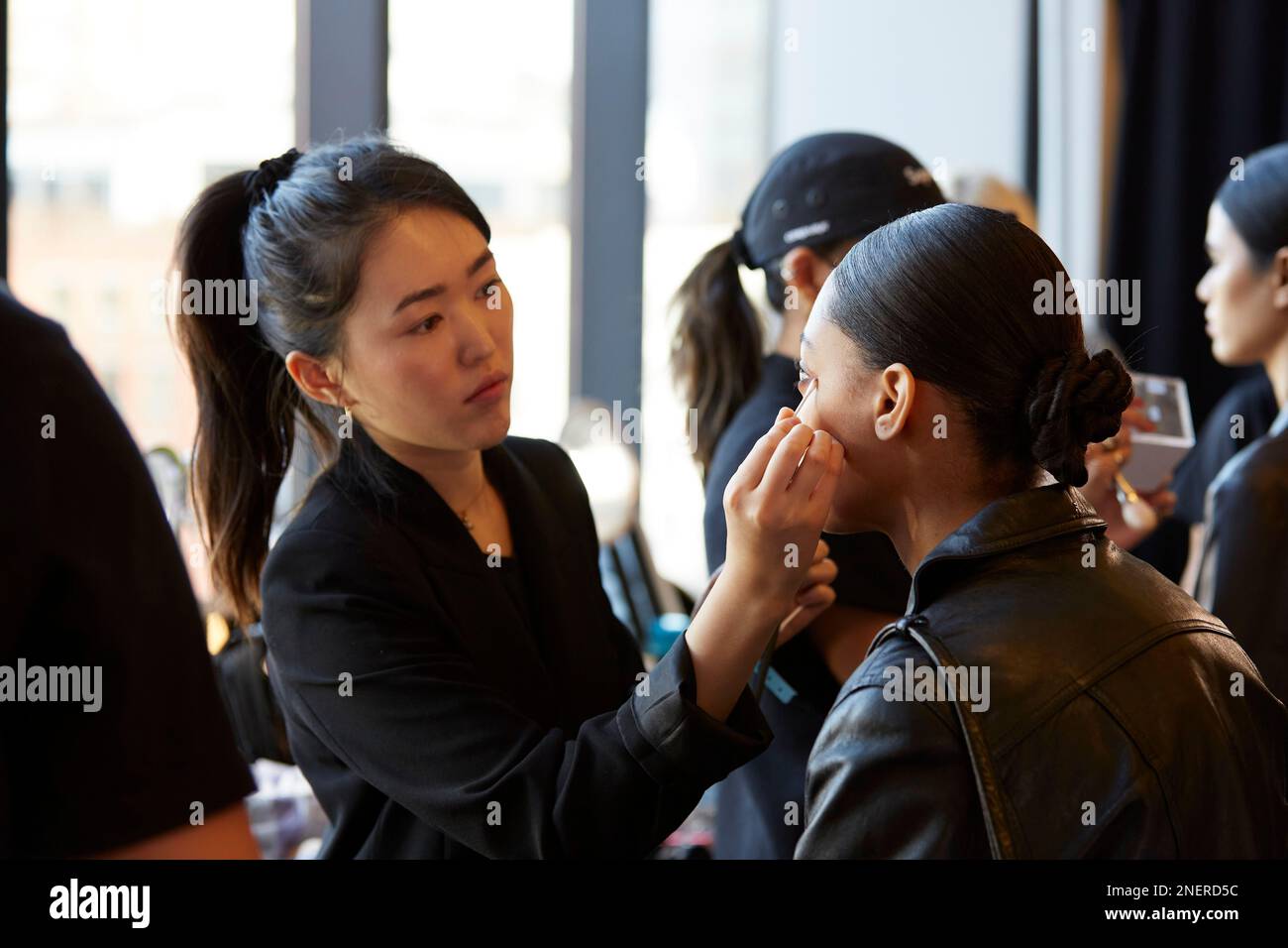 New York, NY, USA. 15th Feb, 2023. BOH models prepare for runway show CHOCHENG Collection at Spring Studio (Credit Image: © Mark J. Sullivan/ZUMA Press Wire) EDITORIAL USAGE ONLY! Not for Commercial USAGE! Stock Photo