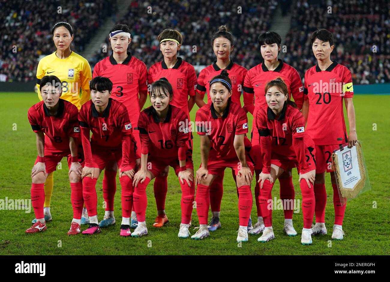 Korea Republic players, back row, left to right, Kim Jung-Mi, Hong Hye-Ji, Lim Seon-Joo, Choe Yu-Ri, Lee Geum-Min, Kim Hye-Ri, front row, left to right, Kim Yun-Ji, Son Hwa-Yeon, Jang Sel-Gi, Choo Hyo-Joo and Kang Chae-Rim line up before the Arnold Clark Cup match at Stadium MK, Milton Keynes. Picture date: Thursday February 16, 2023. Stock Photo