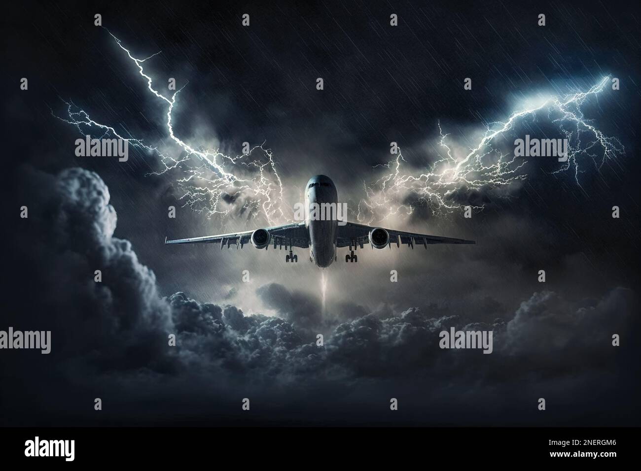Airplane flying during storm, lightning strikes to passenger plane
