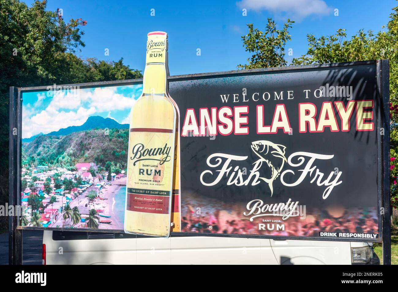 Welcome sign advertising Friday Fish Fry event, Anse la Raye, Anse la Raye District, Saint Lucia, Lesser Antilles, Caribbean Stock Photo