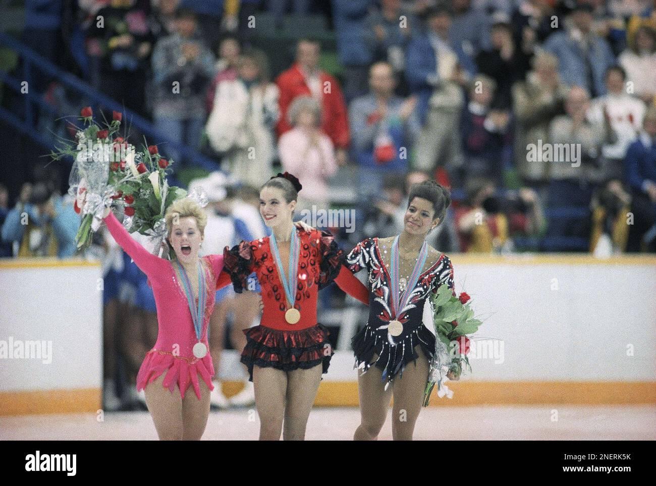 Elizabeth Manley, Canada, silver medal, Katarina Witt, East Germany, gold and Debi Thomas of the