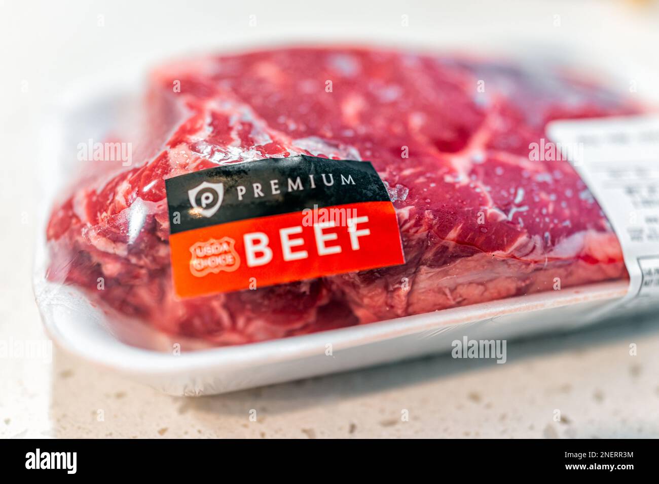 Naples, USA - November 29, 2021: Macro closeup of sign text of product for premium USDA choice beef from publix store brand packaged in plastic meat Stock Photo