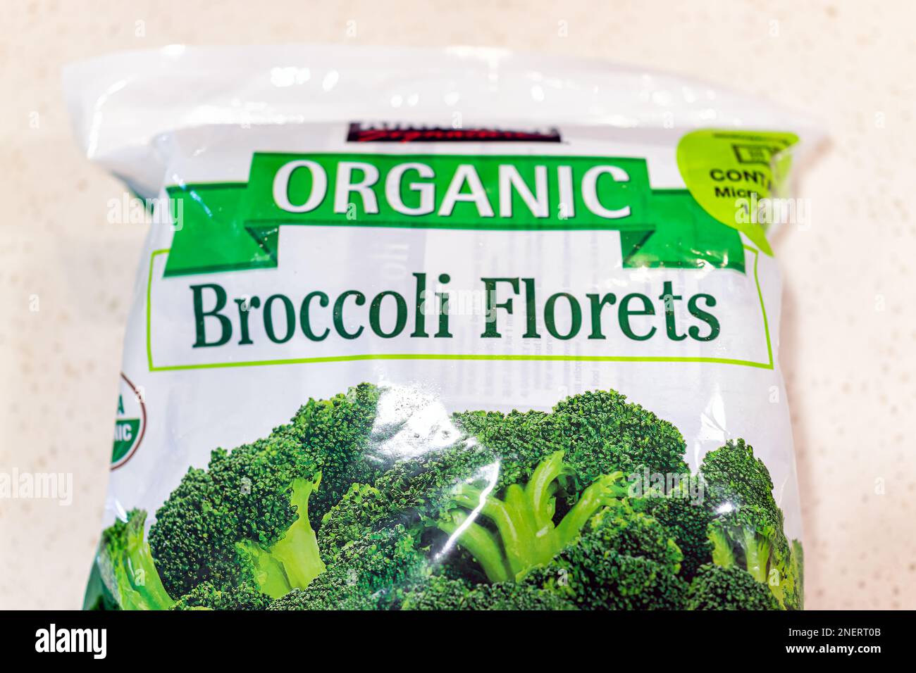 Naples, USA February 5, 2022 Broccoli florets organic vegetable frozen food in plastic bag